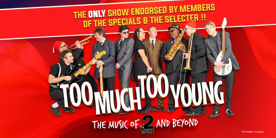The cast on the stage in Too Much Too Young, Dominion Theatre