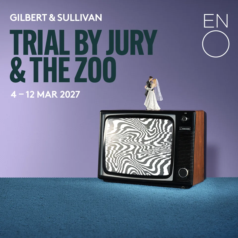 Vintage television set with couple silhouette in Trial By Jury & The Zoo - English National Opera at London Coliseum