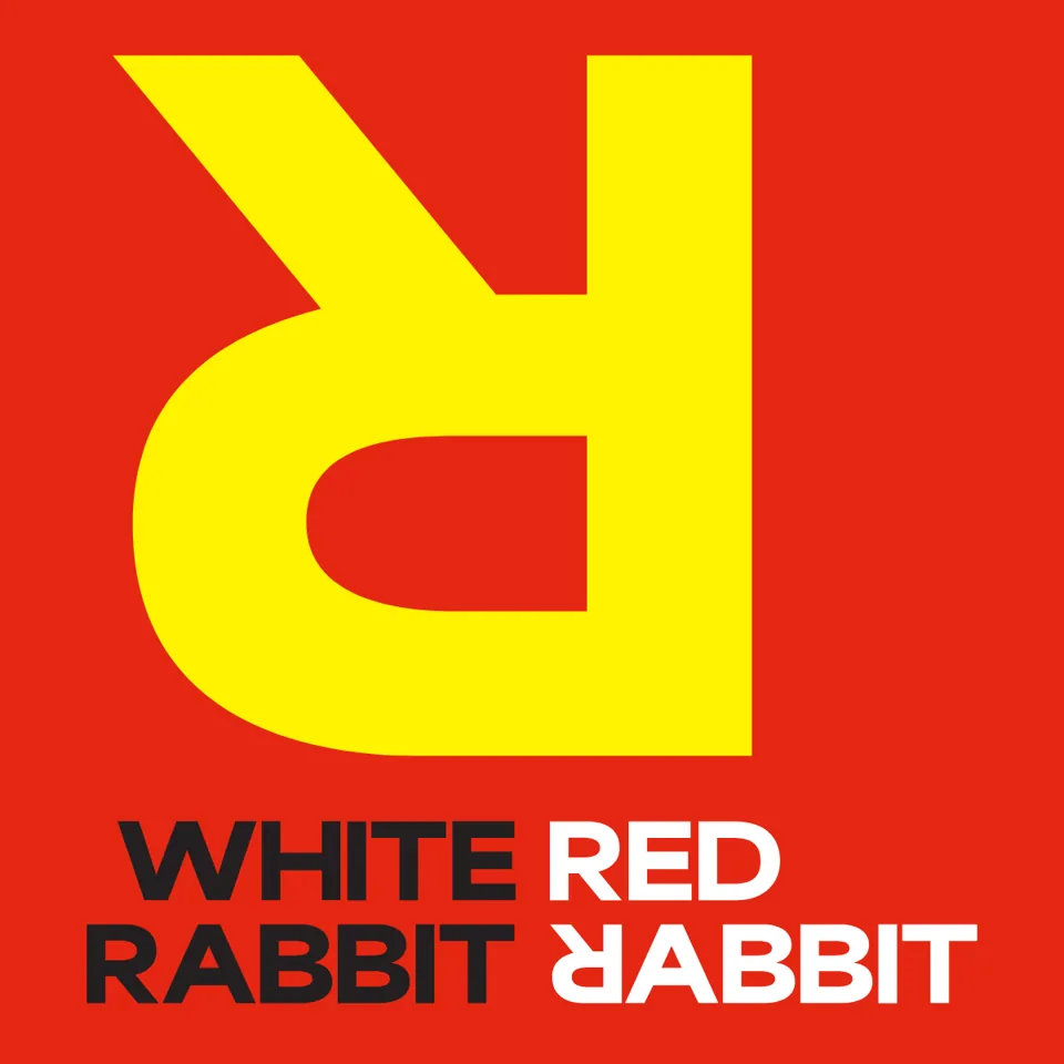 White Rabbit Red Rabbit logo in yellow on red, the Duchess Theatre London poster.