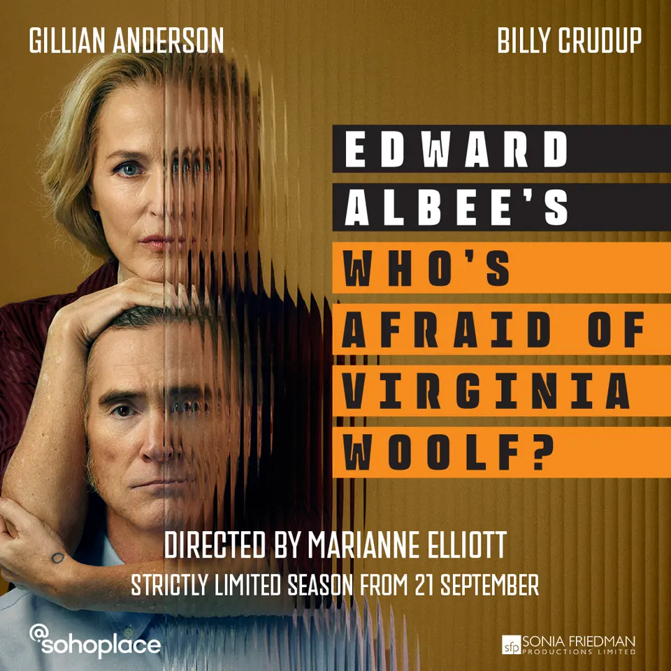 Two actors in dramatic lighting in Who’s Afraid of Virginia Woolf? at the Soho Place