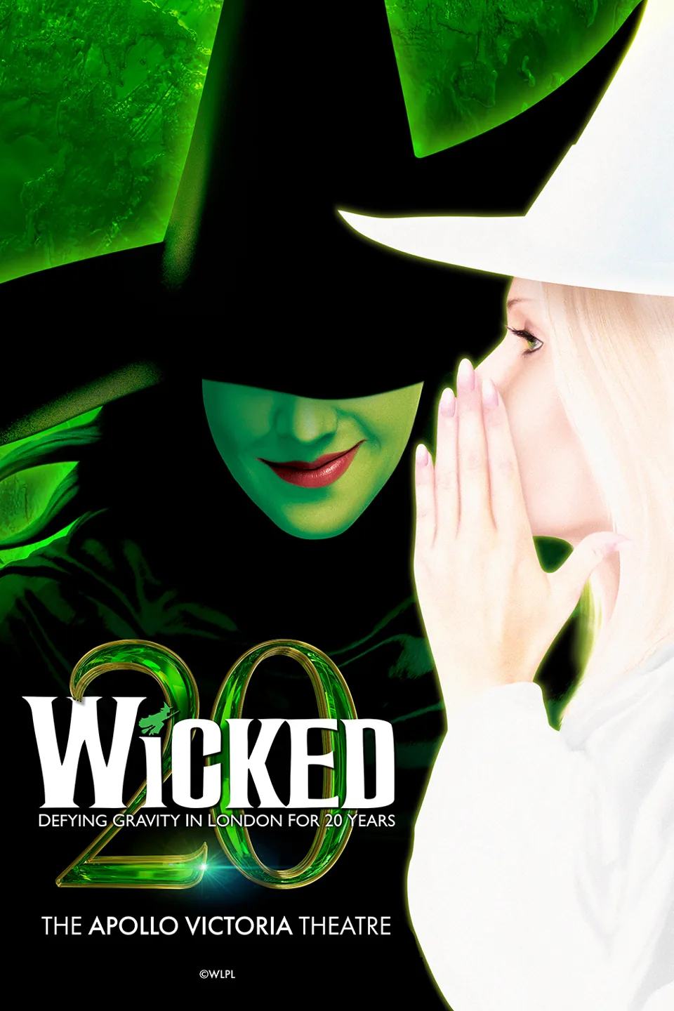 Wicked 20th anniversary poster: a green witch and a blonde witch whispering, Apollo Victoria Theatre