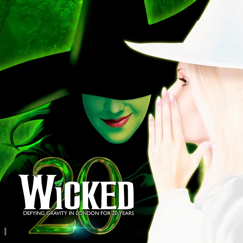 Square Wicked anniversary poster of the green witch and the white-hatted witch, Apollo Victoria Theatre