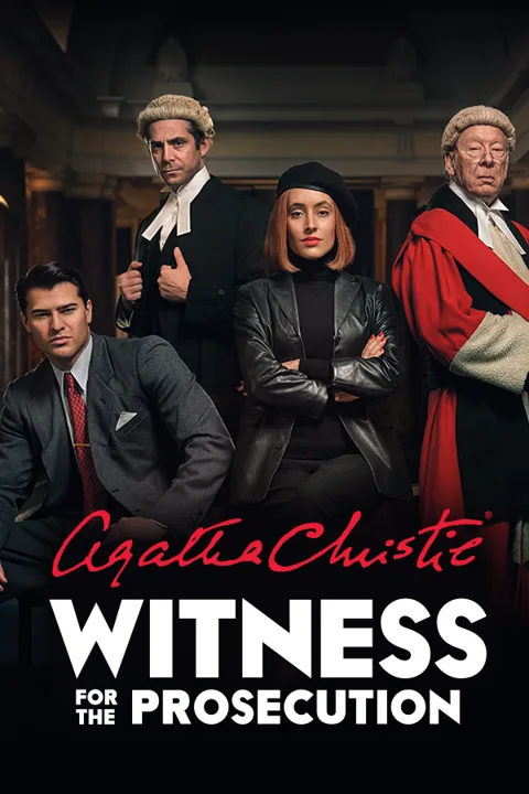 Four figures in suits, wigs and red robes: Witness for the Prosecution poster, County Hall